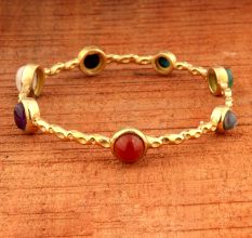 Natural Multi gemstone bangle for women, brass 22k gold plated jewelry